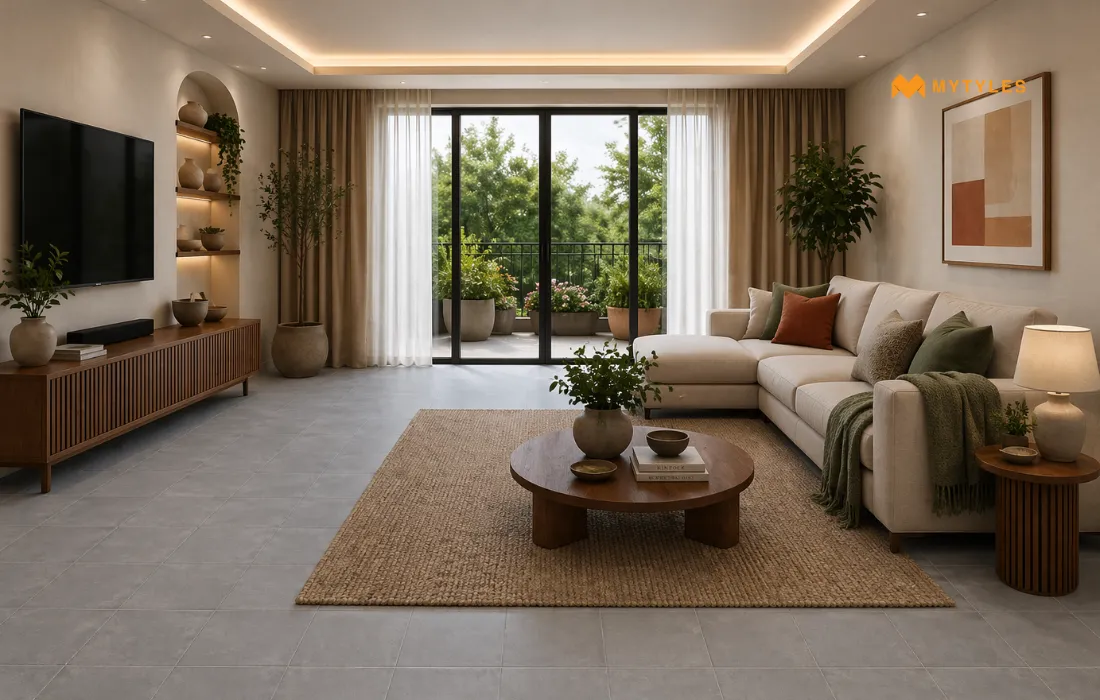 Living room with large tiles
